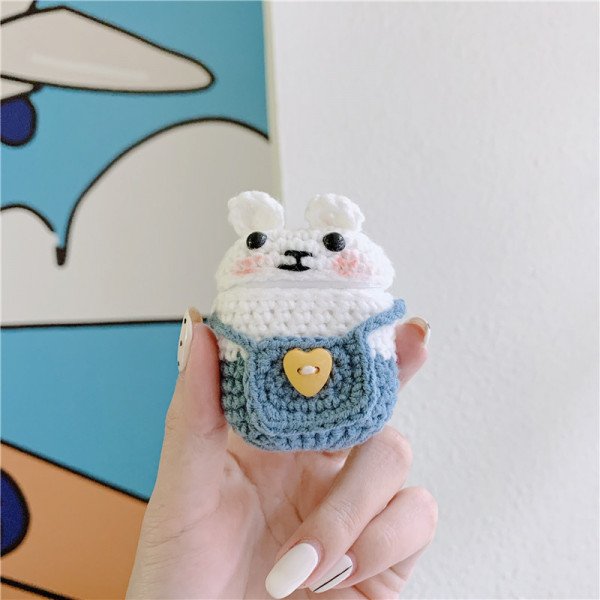 Wholesale Cute Design Cartoon Handcraft Wool Fabric Cover Skin for Airpod (1 / 2) Charging Case (Bunny Light Blue)
